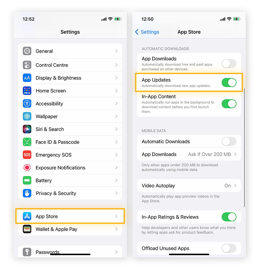 Open Settings > App Store, then ensure App Updates is toggled on to enable all automatic app software updates on iOS.