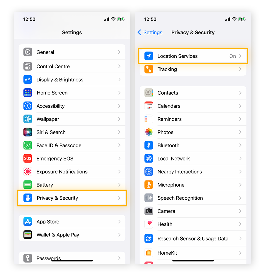 Abra Ajustes > Privacidad y seguridad > Localización para acceder a los ajustes de ubicación en iOS.