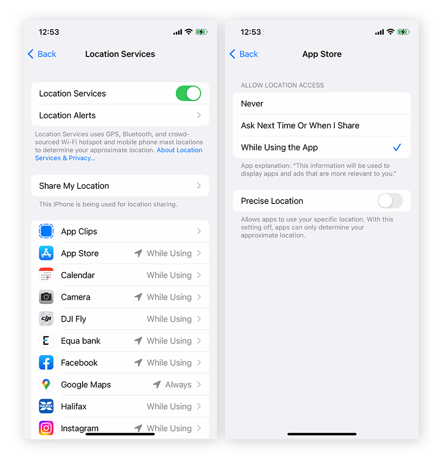 Turn off location services in Privacy & Security settings, or define when location services are enabled for each iOS app.