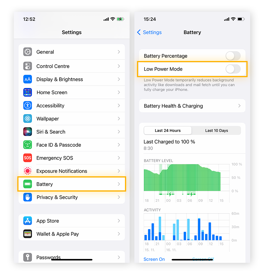 Disabling Low Power Mode in iOS battery settings.