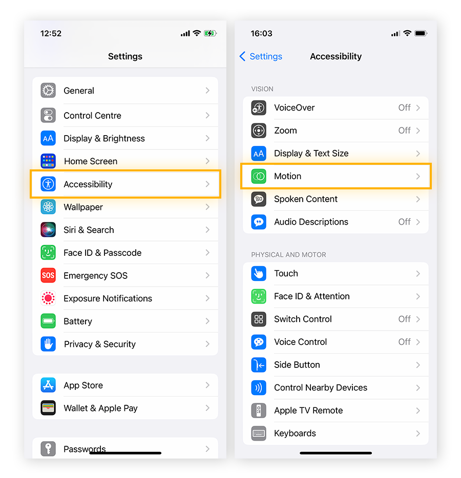 Open Accessibility settings in iOS to adjust motion settings, which can speed up your iPhone.