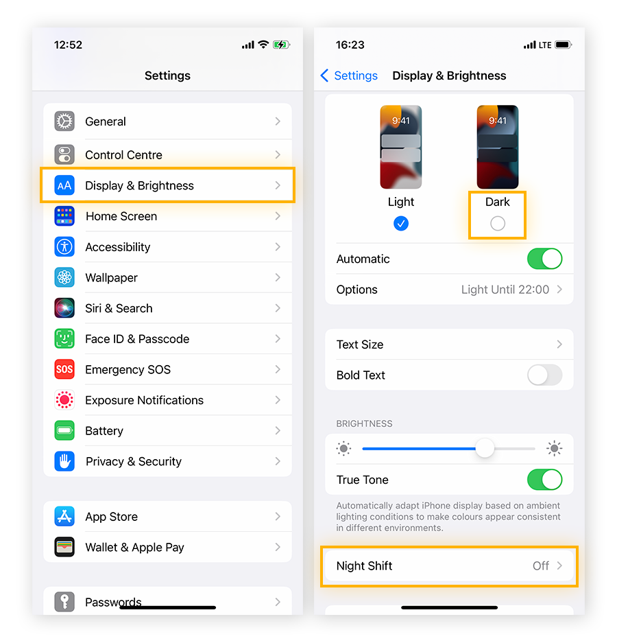 Abra as configurações de exibição e brilho no iOS para escurecer a tela, economizando os recursos do smartphone.