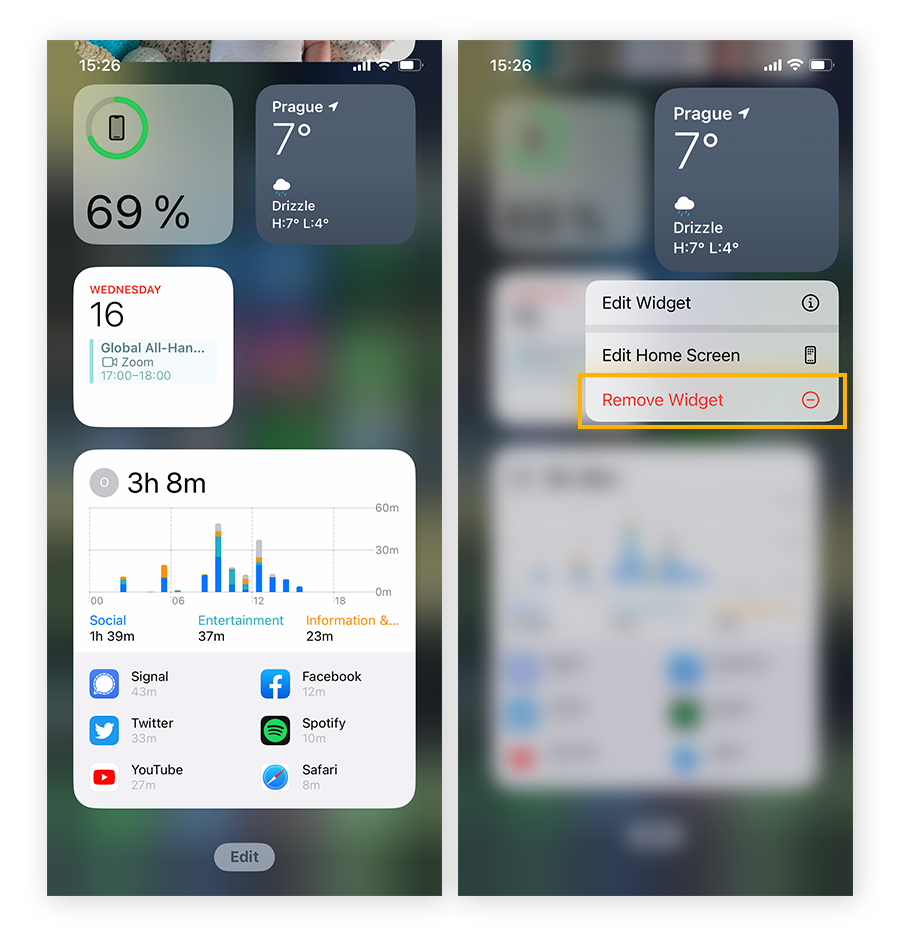 Verwijder widgets op het startscherm van de iPhone door lang op de widget te drukken en Widget verwijderen te selecteren.