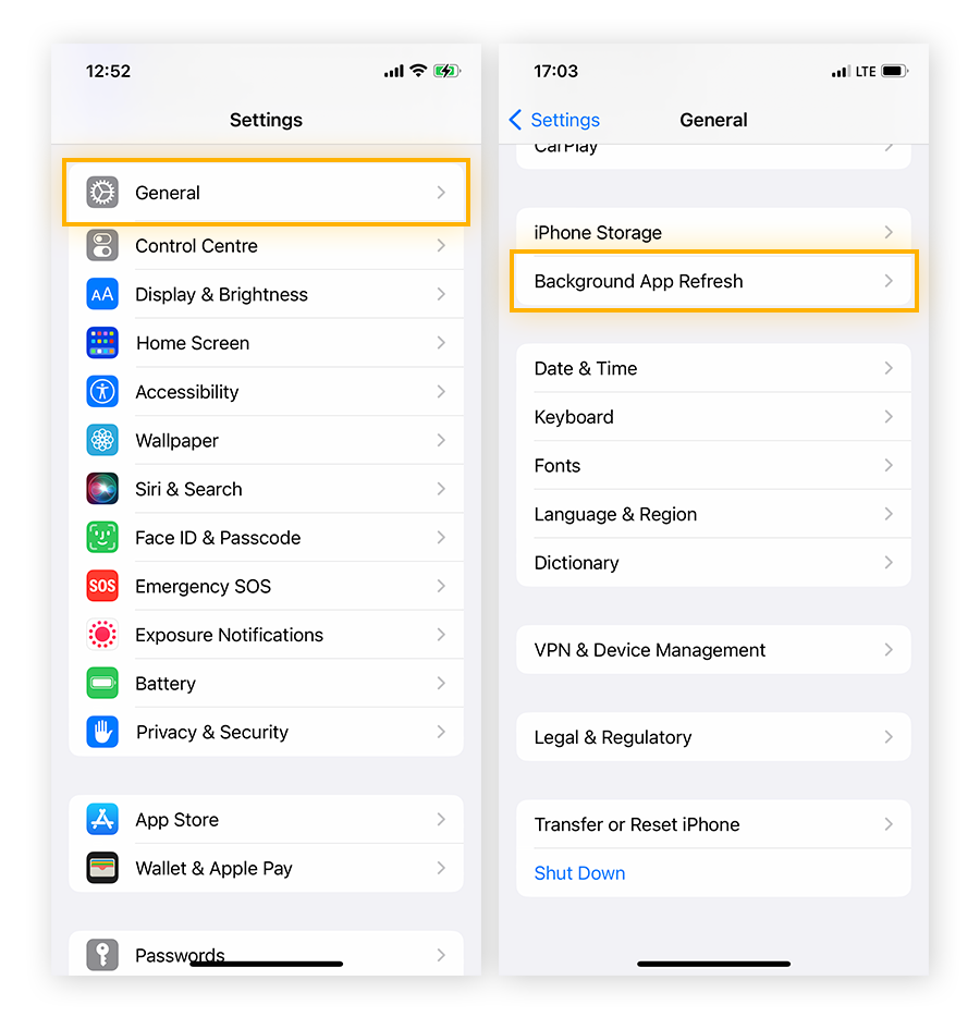 Ouvrez les réglages d’actualisation des applications en arrière-plan d’iOS pour définir le moment où les applications de l’iPhone peuvent s’actualiser lorsqu’elles ne sont pas utilisées.