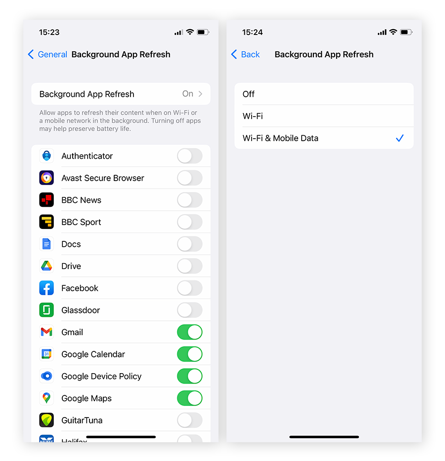 Disabling Background App Refresh for apps in iOS settings.