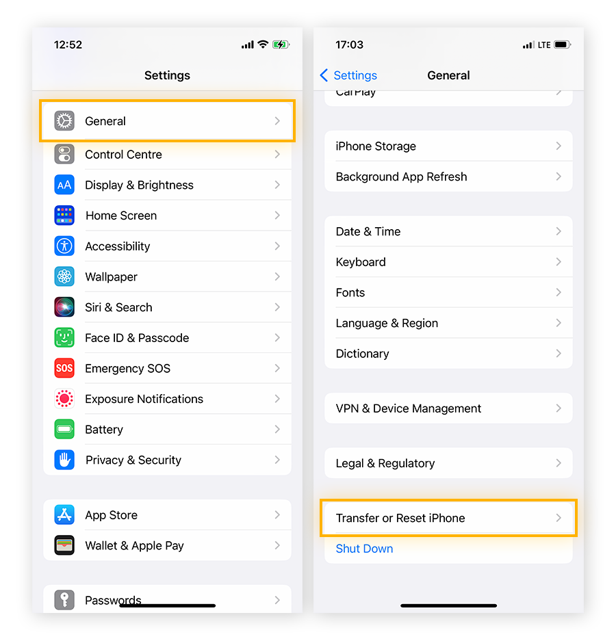 Open iOS settings > General > Transfer or Reset iPhone to open factory reset settings.