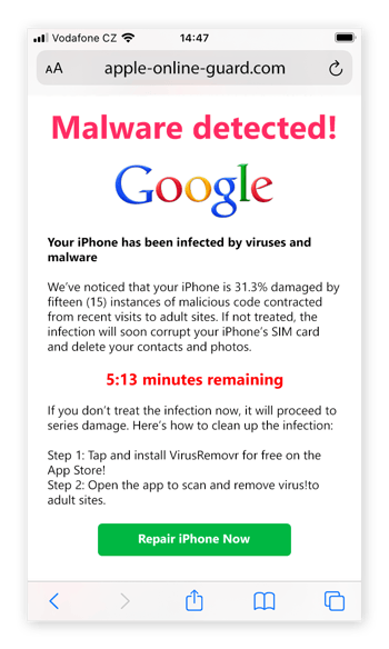 Fake virus alerts scare you into thinking your device is infected with malware.