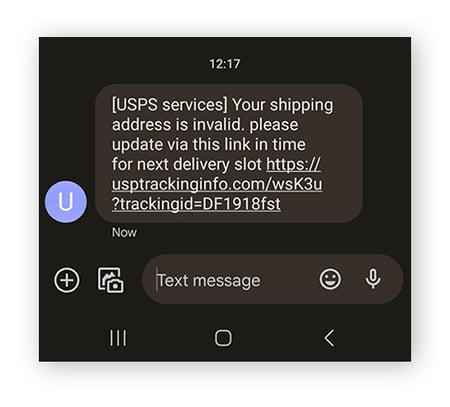  Un esempio reale di SMS fraudolento che sembra provenire da USPS.