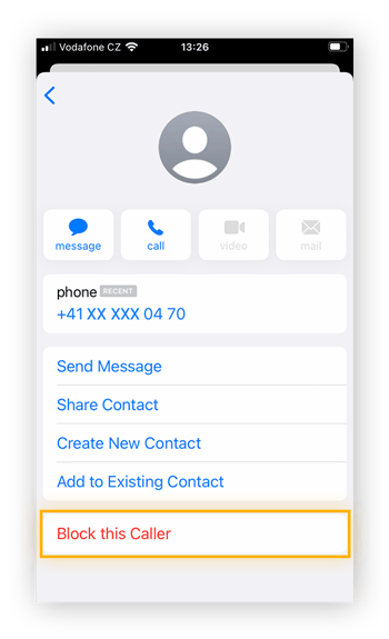 Select Block this Caller > Block Contact in iPhone settings to help stop spam texts.