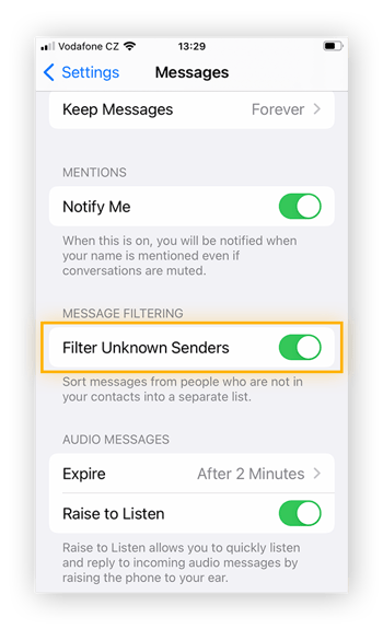 Enable Filter Unknown Senders in iMessage settings on iPhone to help block spam texts.