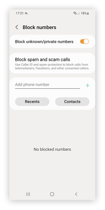 Blockieren von Spam-Nachrichten von verschiedenen Nummern in den Telefon-Einstellungen von Android.
