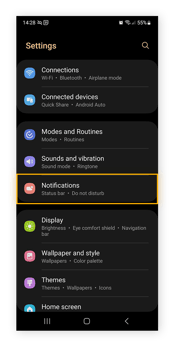 A opção de notificações nas configurações do telefone Samsung