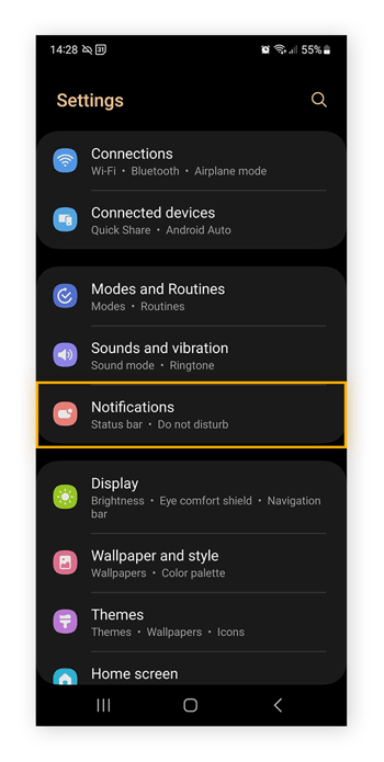 L’option Notifications dans les Paramètres d’un téléphone Samsung