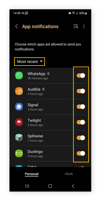 Highlighting "Most recent" and the "sliders" next to the most recent apps displayed under App notifications