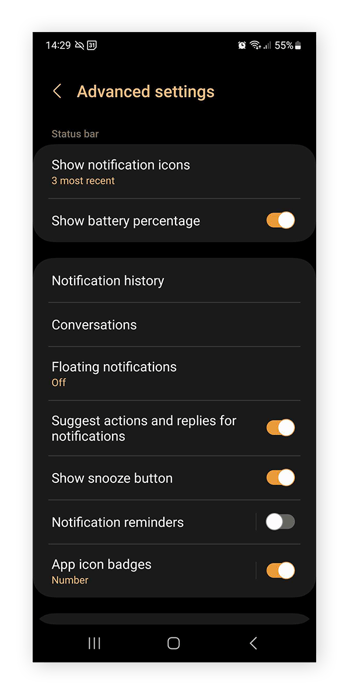 L’option Paramètres avancés sur un téléphone Samsung