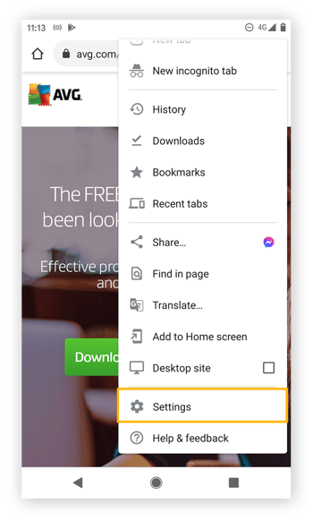 L’option Paramètres dans Chrome pour Android