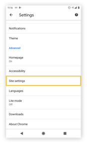 As configurações do site de opções nas configurações do Chrome para Android