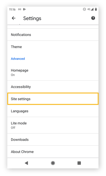 Destacando “Configurações de site” em Configurações no Chrome para Android