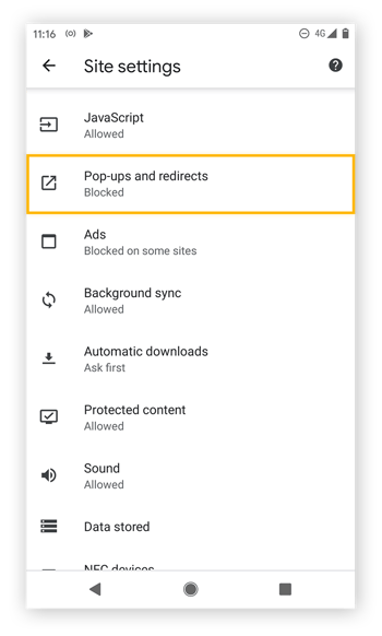 Highlighting "Pop-ups and redirects" under Site settings in Chrome for Android