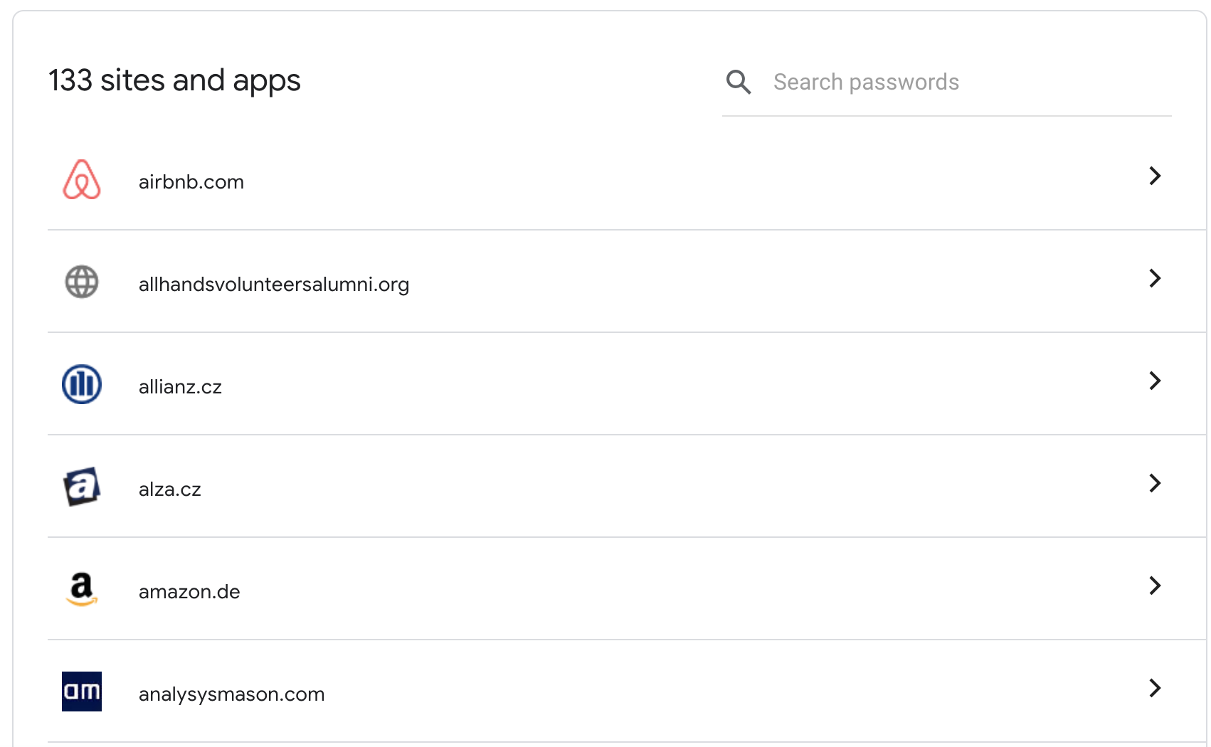 Google password manager displays all the websites you've asked them to save a password for.