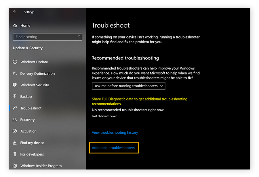 A view of the troubleshoot menu for Windows Update. "Additional troubleshooters" is circled.