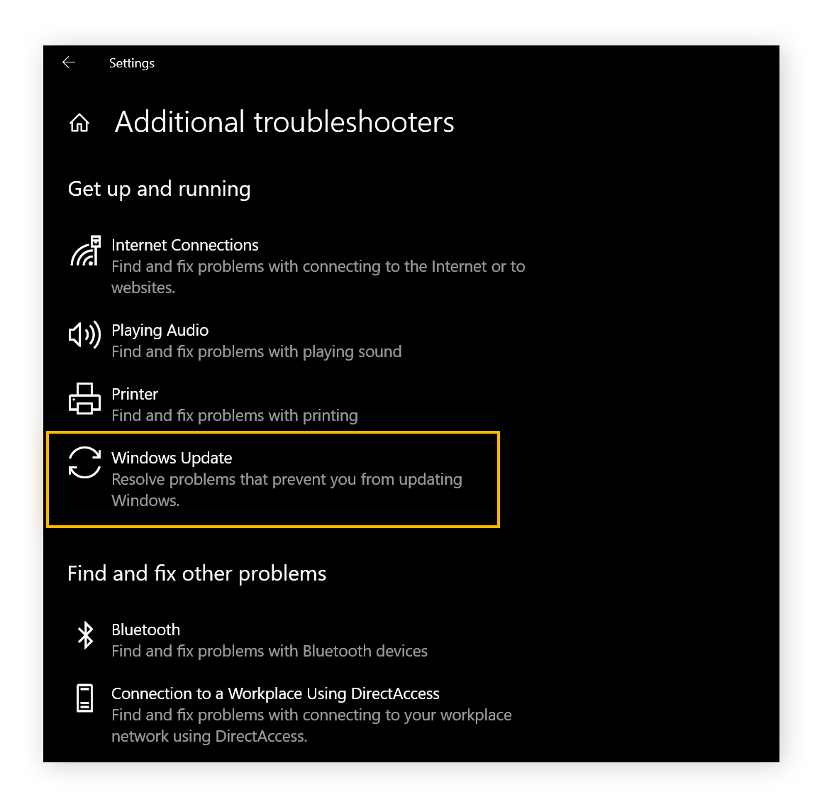 A view of additional troubleshooters. Windows update is circled.