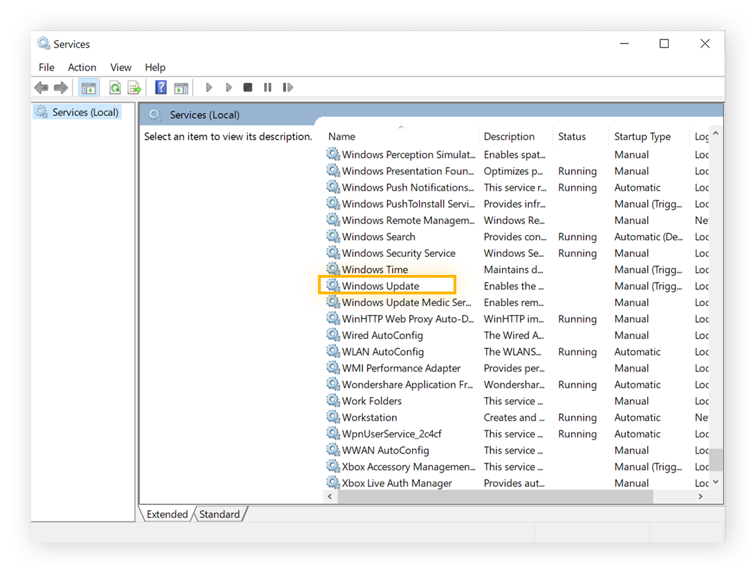 A View of Service Manager, with Windows Update circled.