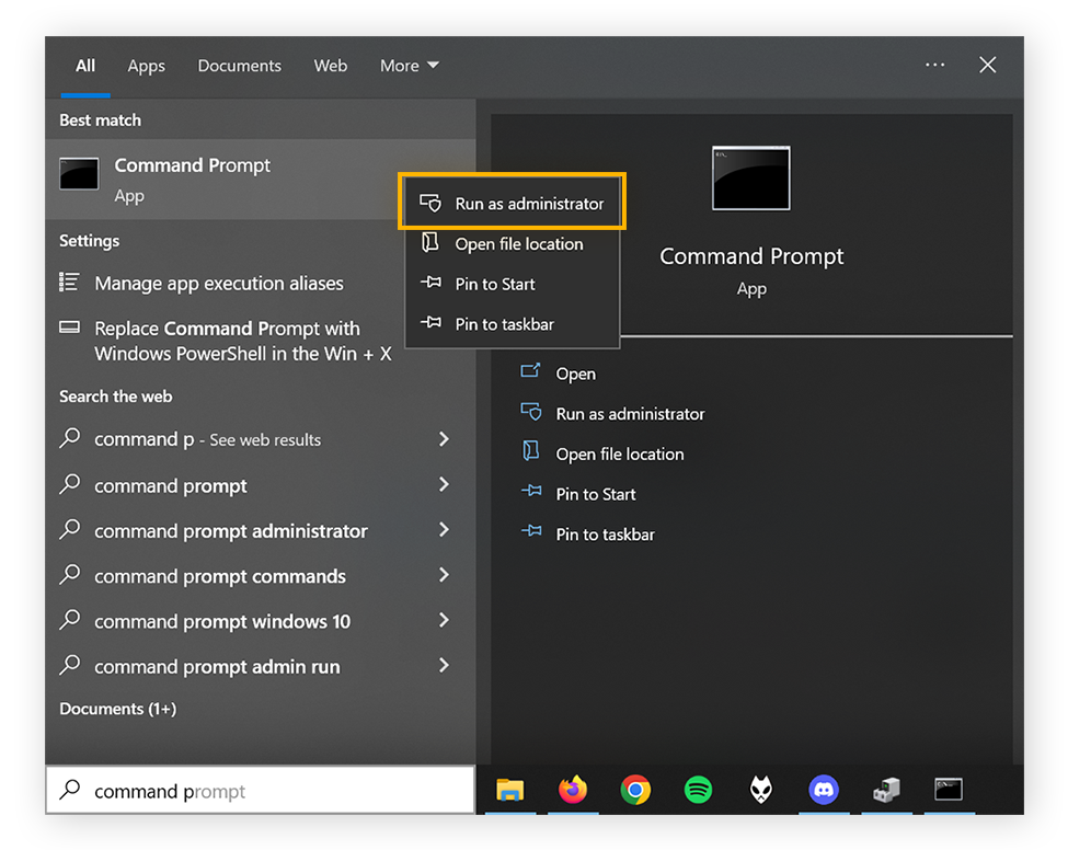 O menu Iniciar do Windows abre, o prompt de comando foi clicado com o botão direito do mouse e “Executar como administrador” foi circulado.