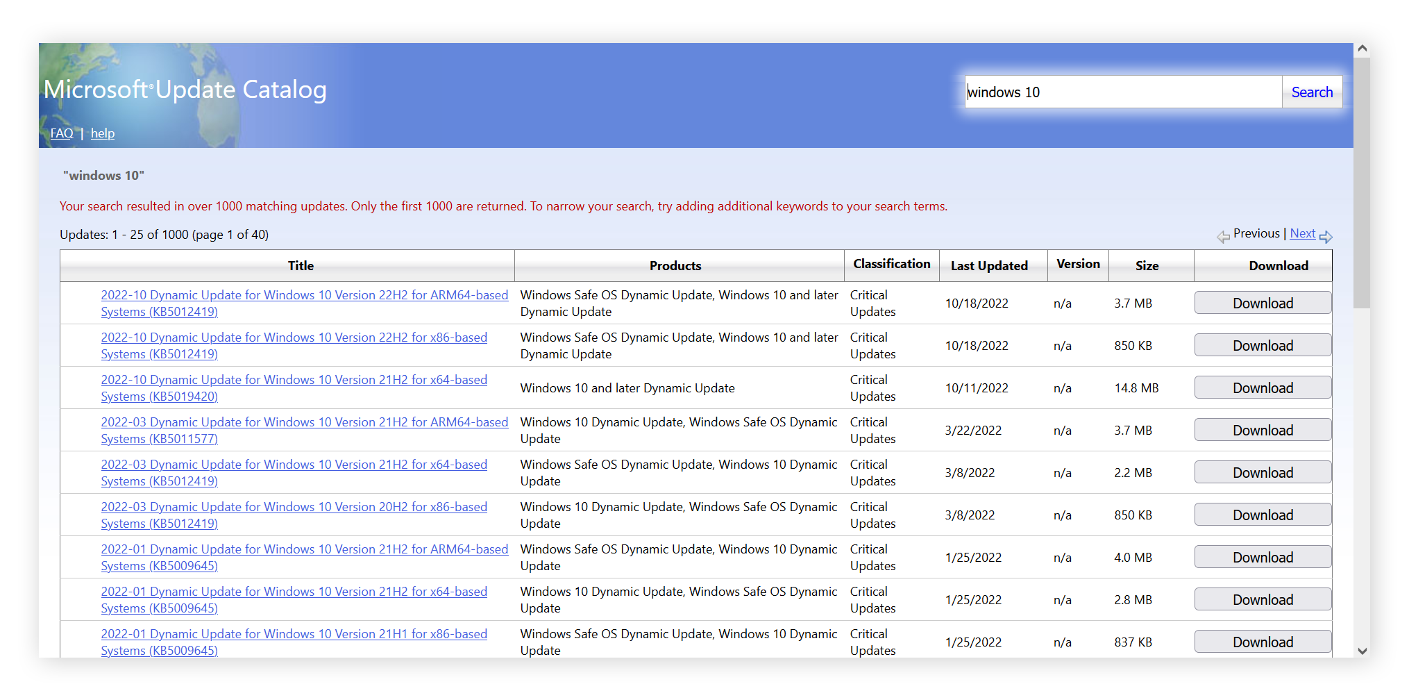 Una vista de los resultados de la búsqueda en el Catálogo de Microsoft Update, que muestra que las actualizaciones de octubre de 2022 y marzo de 2022 están disponibles para su descarga.