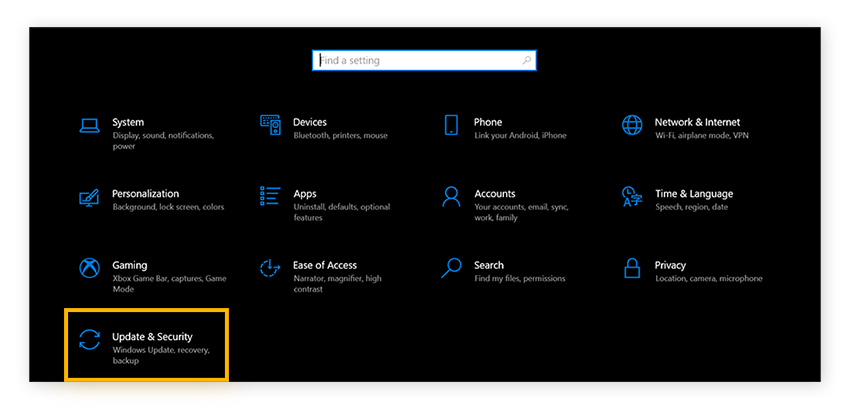 Um exemplo das Configurações no Windows, com a opção “Atualização e Segurança” circulada.