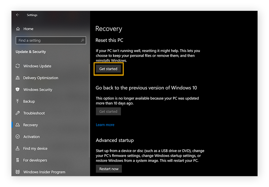 A view of "Recovery" where you can reinstall Windows. The button "Get started" has been circled.