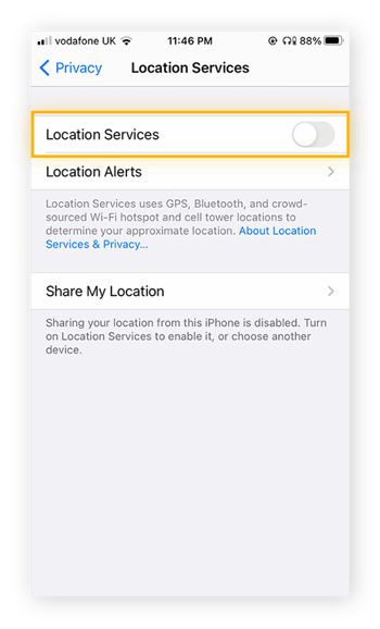 Uma visualização dos Ajustes dos Serviços de Localização no iPhone, com o botão que desativa todos os Serviços de Localização.