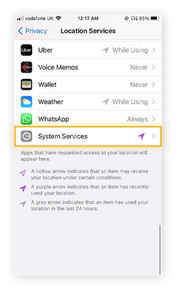 A view of Location Services settings in iPhone. System Services at the bottom is circled.