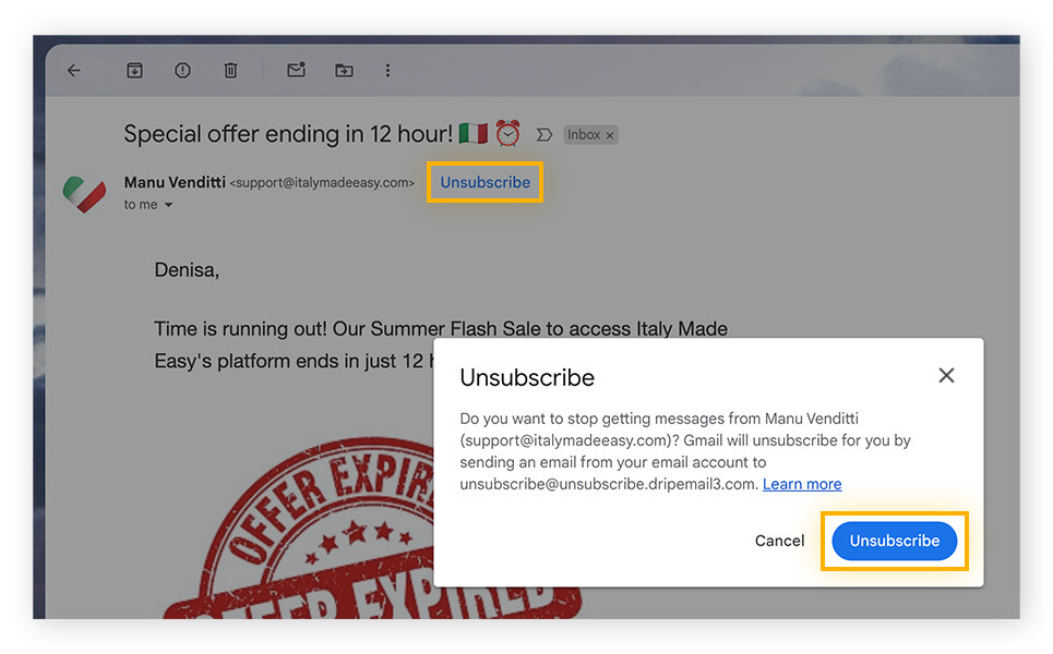 Esempio di link e pulsante di annullamento dell’iscrizione di Google in un’e-mail indesiderata.