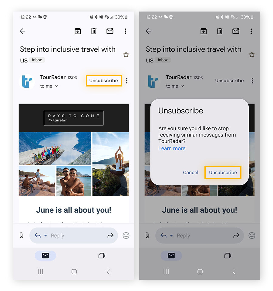 Unsubscribing from unwanted emails via Gmail on mobile.