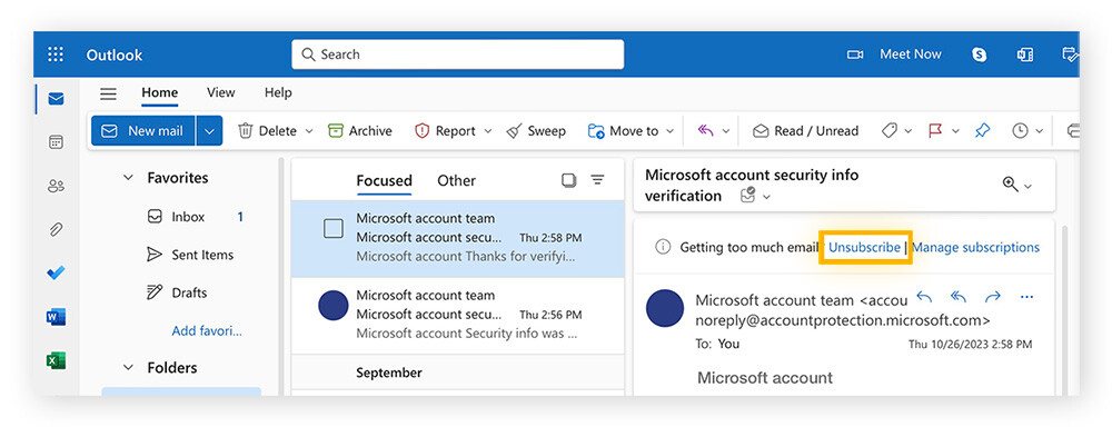 An example email on Outlook for desktop that shows the unsubscribe link at the top of the email.