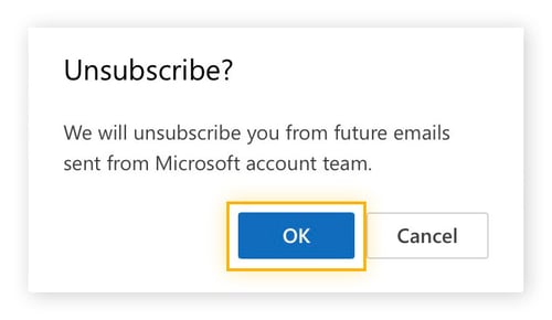 Example of the unsubscribe confirmation message with the OK button.