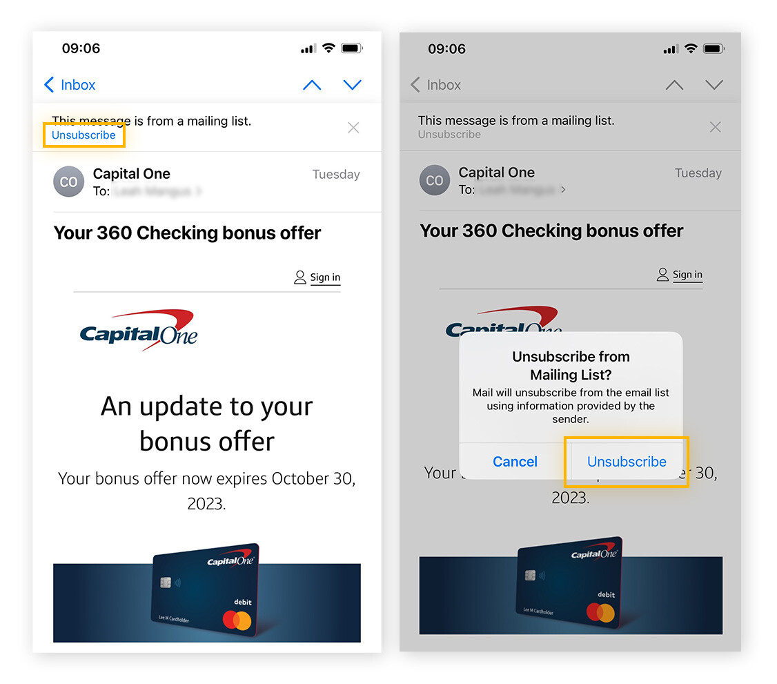 Esempio di messaggio nell’app Mail di iOS che mostra il link per annullare l’iscrizione e il pulsante di conferma di annullamento dell’iscrizione.