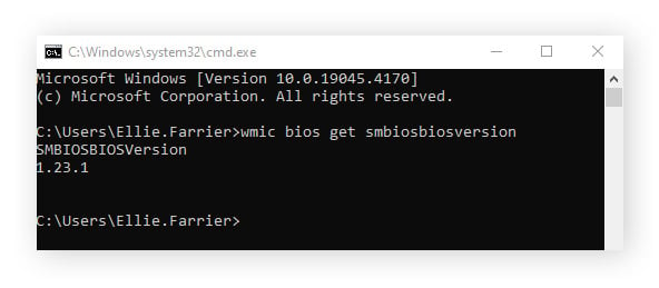 Finding your BIOS version via Windows Command Prompt.