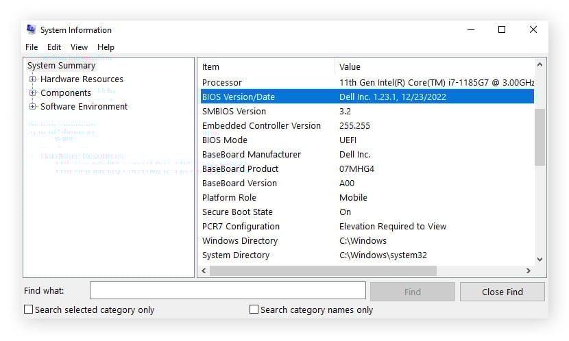 Systeeminformatie van Windows waarin de BIOS-versie wordt weergegeven.