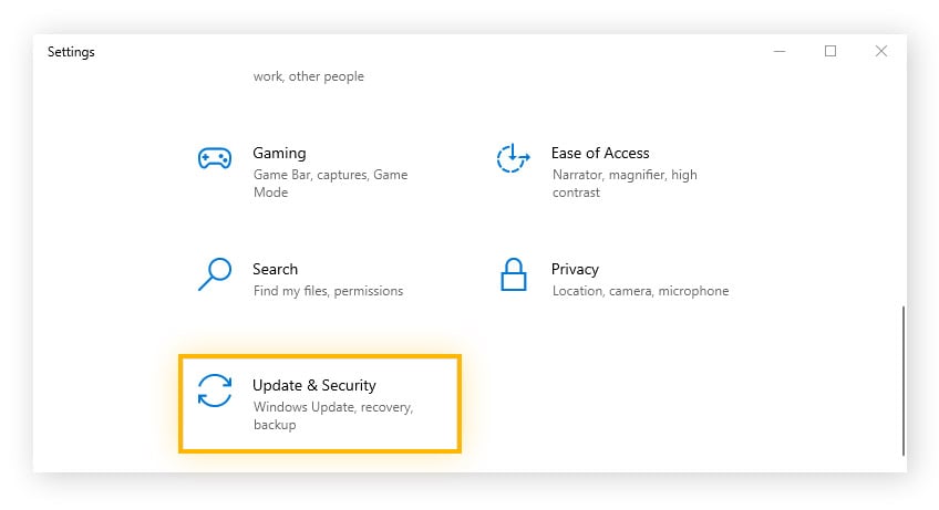 Selecting Update & security in Windows Settings.