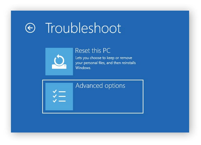 Choosing Advanced options in the Windows Recovery troubleshoot settings.