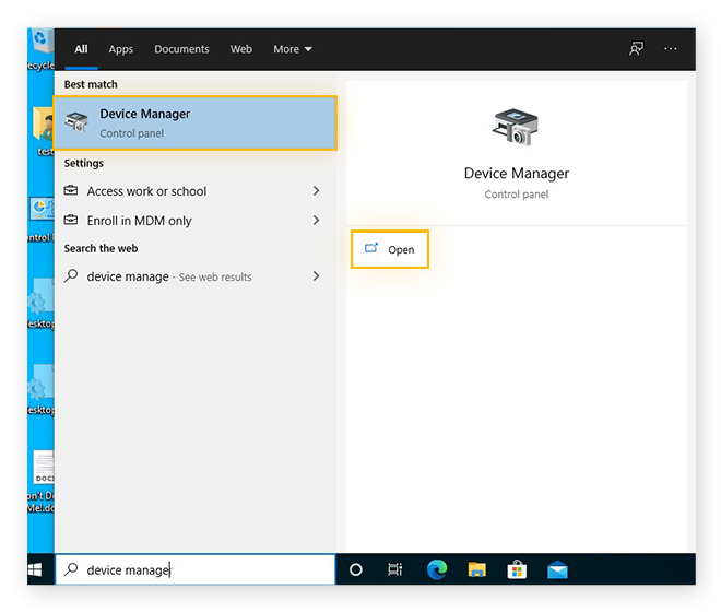 Apertura di Gestione dispositivi dalla barra di ricerca di Cortana in Windows 10