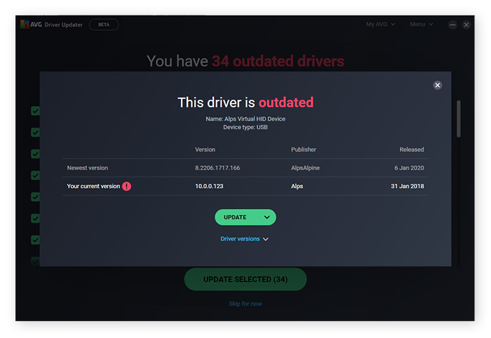 Viewing a specific driver after a scan in AVG Driver Updater for Windows 10
