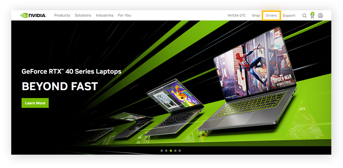 Navigating to the Drivers section on the NVIDIA homepage.