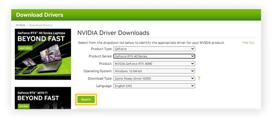 En son grafik sürücüsünü bulmak için NVIDIA web sitesinde GPU özellikleri girme