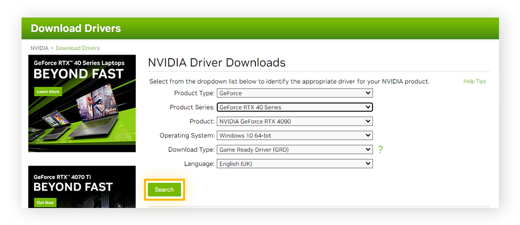 Entering GPU specifications on the NVIDIA website to find the latest graphics driver.