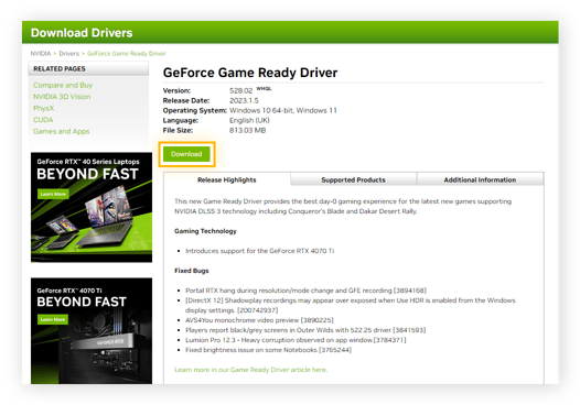 NVIDIA web sitesinde grafik sürücü bilgileri ve indir düğmesi