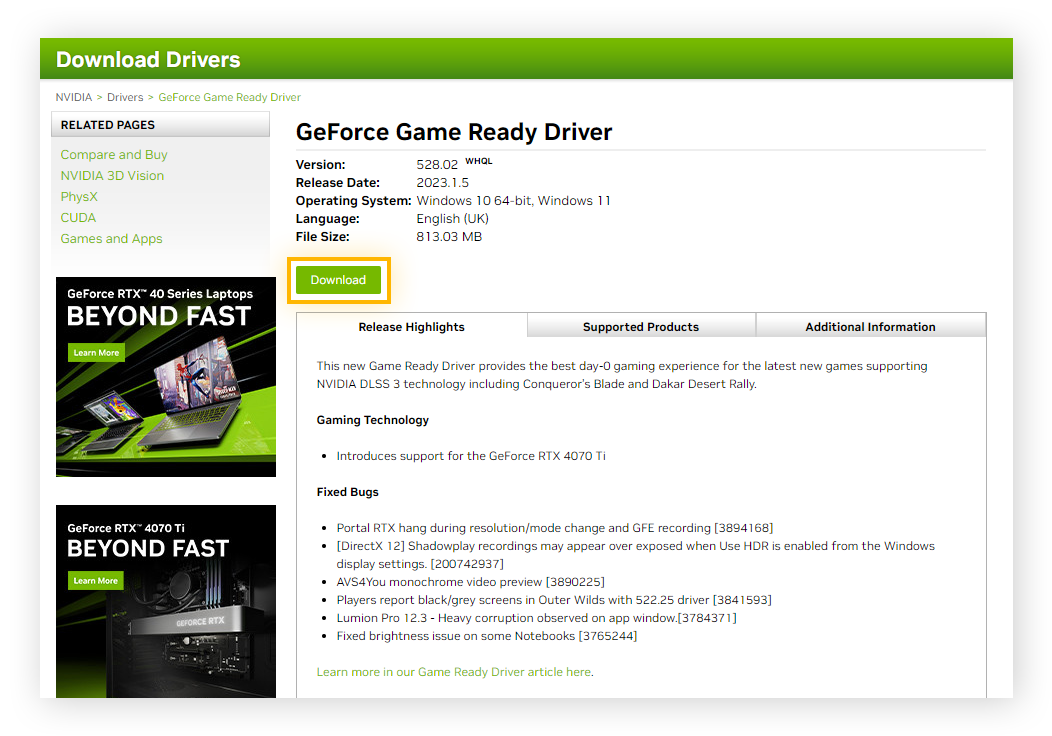 Graphics driver information and download button on the NVIDIA website.