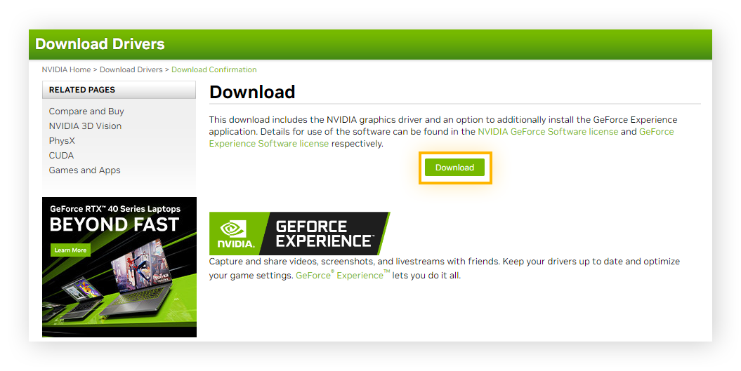 Grafische stuurprogramma's van NVIDIA downloaden via de website van de fabrikant.
